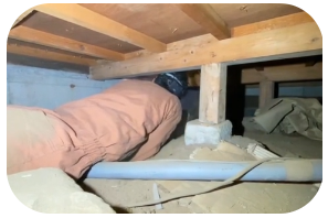 現地調査の様子。床下で被害状況を確認する作業員