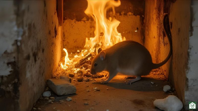 ネズミが電気コードをかじったことによるショートが原因で発生した火災現場のイメージ