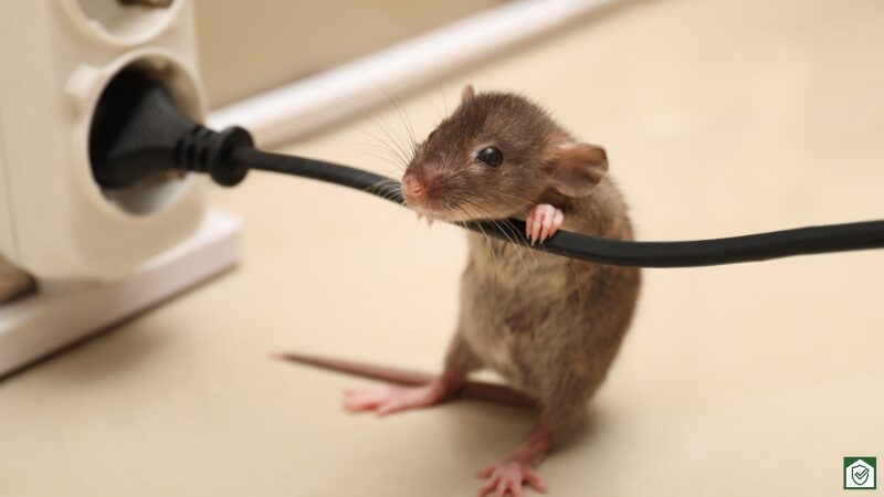 ネズミが歯を削るために、建物の配線ケーブルをかじっている瞬間