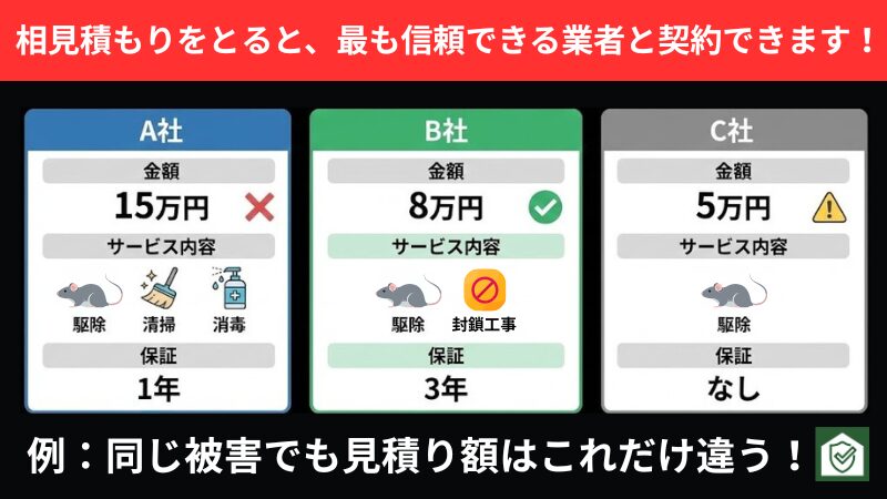 ネズミ駆除の相見積もり比較例の図。同じ被害でも業者によって15万円・8万円・5万円と料金やサービス内容（再発防止・保証）に大きな差が出る事例