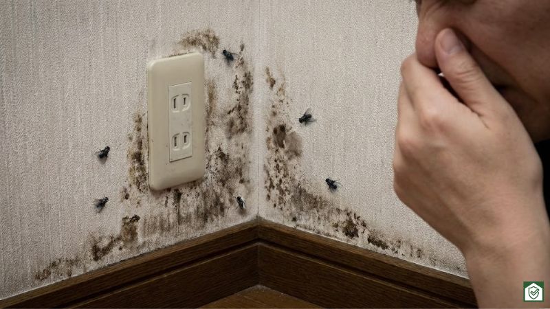 毒エサで壁の中で死んだネズミによる腐敗臭と、壁に浮き出たシミ・ハエの発生イメージ