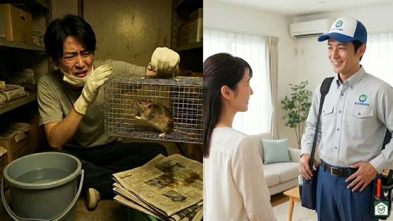 左側：薄暗い場所で生きたネズミが入ったカゴを持ち、苦渋の表情を浮かべる男性と水が入ったバケツ。右側：明るい部屋で専門業者と笑顔で話す女性。自力処理の苦痛と業者依頼の安心感を対比させた画像。