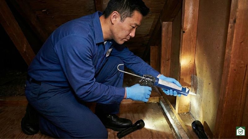 専門業者によるネズミの侵入経路封鎖工事。壁の隙間をパテで埋める作業の様子