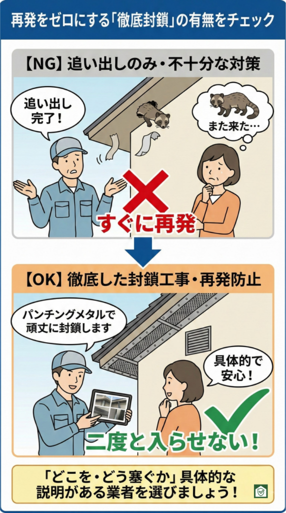追い出しだけで再発するケースと、パンチングメタルによる徹底封鎖でハクビシンの再侵入を防止する施工の違いを示したイラスト