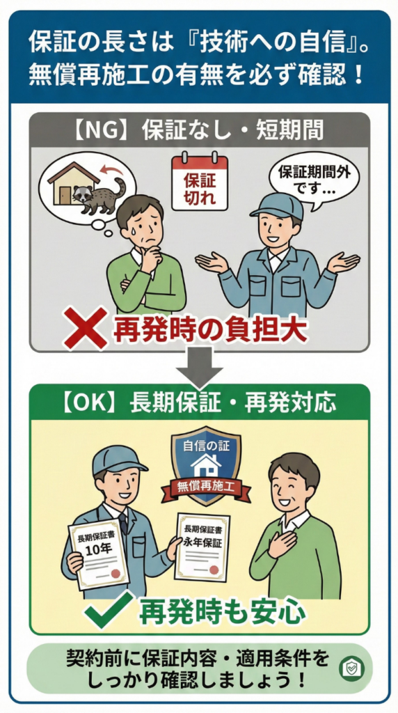 保証なしで再発時に高額な負担が発生する業者と、長期保証と無償再施工で再発時も安心できるハクビシン駆除業者を比較した図解