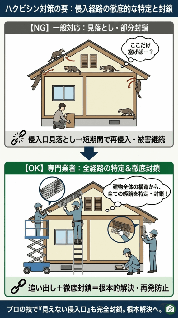 部分的な封鎖では再侵入を許してしまうNG例に対し、建物全体の構造から全ての経路を特定し、パンチングメタル等で徹底封鎖するプロの技を解説。