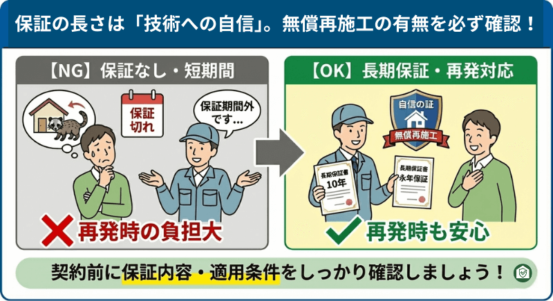 保証なしで再発時に高額な負担が発生する業者と、長期保証と無償再施工で再発時も安心できるハクビシン駆除業者を比較した図解