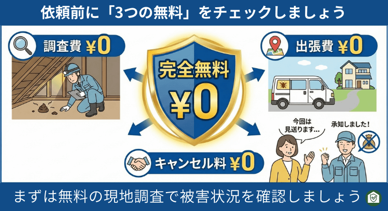 ハクビシン駆除の現地調査費・出張費・キャンセル料がすべて無料であることを強調した安心感のある説明イラスト