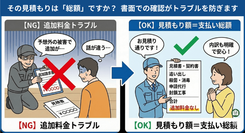 追加料金トラブルが発生する不明瞭な見積もりと、見積もり額が支払い総額で追加料金のない明朗会計を比較したイラスト