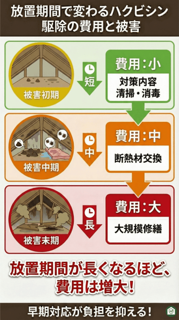 ハクビシン駆除の費用推移グラフ。放置による屋根裏の被害拡大(断熱材の汚れ、悪臭、建物の腐敗)と修理費用の増加を比較したインフォグラフィック。