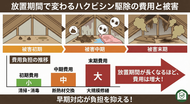 ハクビシン駆除の費用推移グラフ。放置による屋根裏の被害拡大(断熱材の汚れ、悪臭、建物の腐敗)と修理費用の増加を比較したインフォグラフィック。