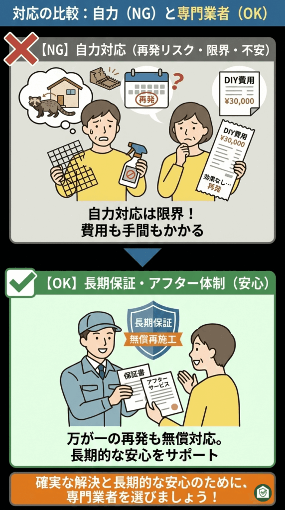 費用や手間をかけても再発の不安が残る自力対応(NG)に対し、長期保証書の発行や万が一の再発にも無償対応するアフターサービス(OK)による安心感を対比。