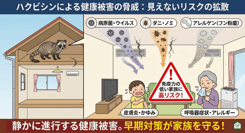 ハクビシンによる健康被害のリスク(病原菌、ダニ・ノミ、アレルゲン)を解説したイラスト。免疫力の低い家族への高リスクを警告している。