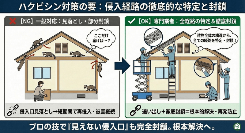 部分的な封鎖では再侵入を許してしまうNG例に対し、建物全体の構造から全ての経路を特定し、パンチングメタル等で徹底封鎖するプロの技を解説。
