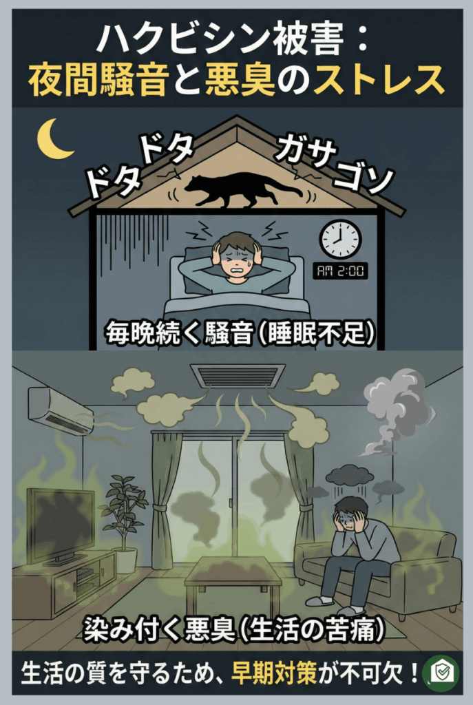 ハクビシンによる夜間騒音(足音)と染み付く悪臭被害のイメージ図。睡眠不足や精神的ストレスなどの生活被害と、早期対策の必要性。