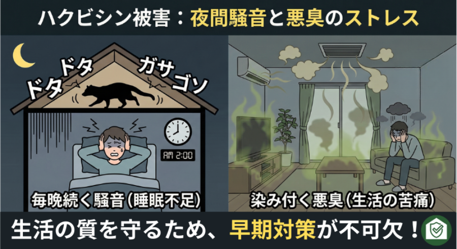 ハクビシンによる夜間騒音(足音)と染み付く悪臭被害のイメージ図。睡眠不足や精神的ストレスなどの生活被害と、早期対策の必要性。