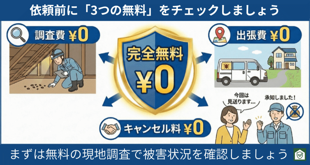 ネズミ被害の調査サービスが完全無料で、調査費・出張費・キャンセル料がすべて0円であることを示した案内イラスト。屋根裏を点検する作業員や訪問対応の様子が描かれている。