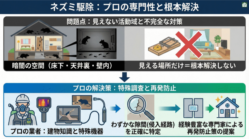 ネズミ駆除におけるプロの専門性を説明するイラスト。床下・壁内・天井裏などの暗所でネズミが活動する様子と、見える場所だけの対策では根本解決にならないことが示されている。下段では、防護服姿の作業員が特殊機器を用いて調査し、建物構造の知識をもとにわずかな隙間や侵入経路を特定し、再発防止策を提案する流れが描かれている。