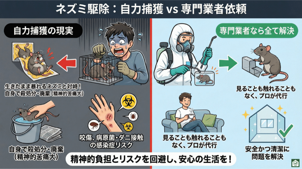 ネズミ駆除における自力捕獲と専門業者依頼の違いを示す比較イラスト。左側では、カゴや粘着シートにかかった生きたネズミに驚きながら対処する人物や、自ら処分・廃棄する様子、咬傷や病原菌・ダニ接触による感染リスクが描かれ、精神的負担の大きさを示している。右側では、防護服を着た専門業者が安全に対応し、利用者はネズミに触れることなく清潔かつ安全に問題を解決できることが表現されている。