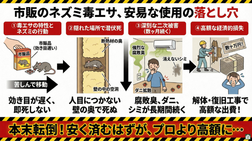 市販のネズミ毒エサの落とし穴を説明するイラスト。効き目が遅い毒エサを食べたネズミが即死せず、壁の中の空洞や断熱材の奥に逃げ込んで死亡する様子が描かれている。発見されないまま死骸が腐敗し、強烈な悪臭やダニの拡散、消えないシミなどの二次被害が長期間続くこと、さらに解体・復旧工事で高額な費用がかかる可能性があることを示し、安易な使用が結果的に高くつく危険性を伝えている。