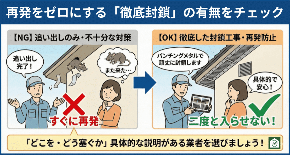 ネズミ対策の再発防止工事の重要性を示す比較イラスト。追い出すだけで再侵入してしまう例(NG)と、金網などで侵入口を封鎖して再発を防ぐ徹底した封鎖工事の例(OK)を対比している。