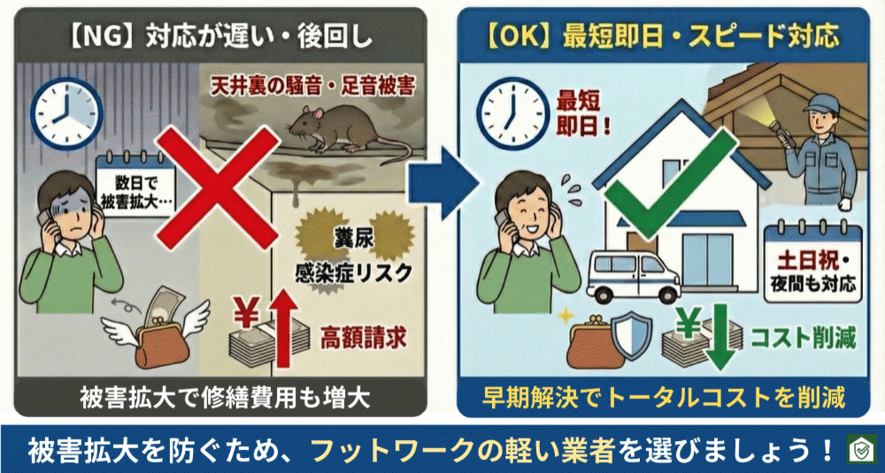 ネズミ被害への対応スピードの重要性を示す比較イラスト。対応が遅れて被害や費用が増える例(NG)と、最短即日で駆けつけて早期解決・コスト削減につながる例(OK)を対比している。