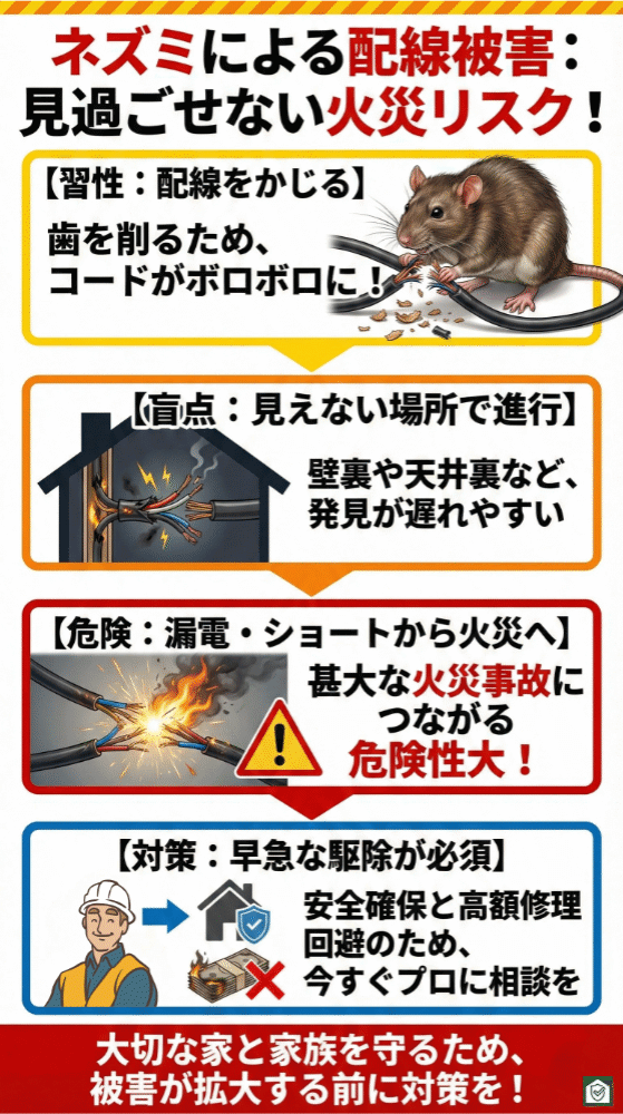 ネズミによる配線被害と火災リスクを解説するインフォグラフィック。ネズミが歯を削るために電気コードをかじり、配線がむき出しになる様子や、壁裏・天井裏など見えない場所で損傷が進行する状況が描かれている。露出した電線が漏電やショートを引き起こし、火災へ発展する危険性が強調され、重大事故や高額な修理費を防ぐため早急な駆除が必要であることを伝えている。