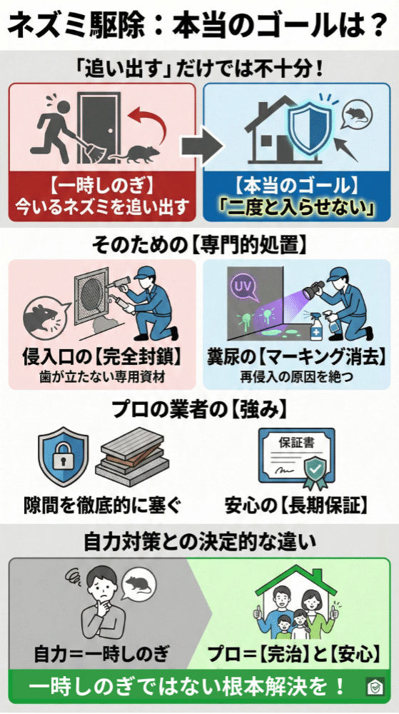 ネズミ駆除の本当のゴールを説明するインフォグラフィック。今いるネズミを追い出すだけの「一時しのぎ」と、二度と侵入させない「根本解決」を対比している。侵入口の完全封鎖や糞尿のマーキング消去など専門的処置、ネズミがかじれない専用資材での徹底封鎖、長期保証の提供が示され、自力対策との違いは「完治」と「安心」を得られる点にあることを伝えている。