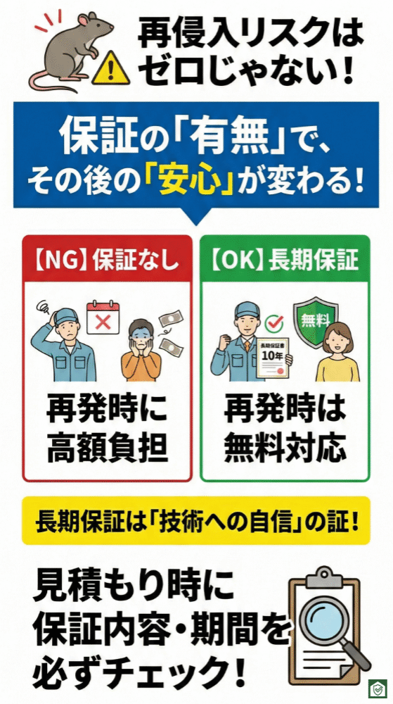 再侵入リスクと保証制度の重要性を示すインフォグラフィック。再侵入はゼロではないことを前提に、保証なしの場合は再発時に高額な追加費用が発生する可能性がある一方、長期保証があれば再発時も無料対応を受けられることが対比されている。見積もり時に保証内容や期間を確認することが安心につながる点を強調している。