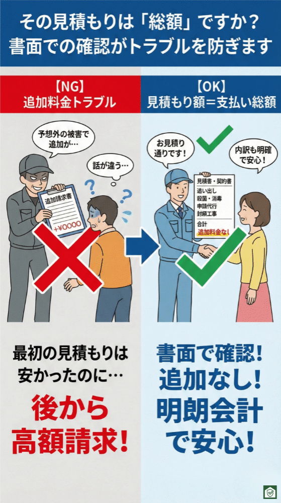 見積もりトラブルの注意点を示すインフォグラフィック。左側では、最初は安い見積もりを提示しながら作業後に追加料金を請求する悪質なケースが描かれている。右側では、見積もり額が支払い総額であることを書面で明示し、作業内容と費用内訳を丁寧に説明する業者の対応が示され、「追加料金なし」の明朗会計で安心できることを伝えている。
