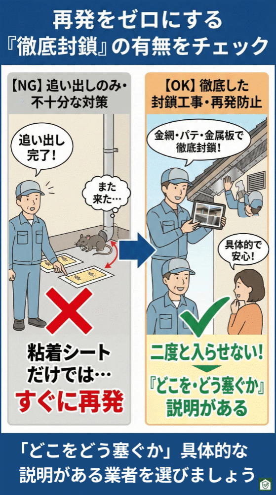 再発防止の重要性を示すインフォグラフィック。左側では、粘着シートなどで追い出すだけの不十分な対策ではすぐに再侵入される様子が描かれている。右側では、金網や防鼠パテ、金属板などを使って侵入経路を物理的に徹底封鎖する防鼠工事の例が示され、「どこをどう塞ぐか」を具体的に説明する業者を選ぶ重要性と、二度と入らせない環境づくりが真の解決であることを伝えている。