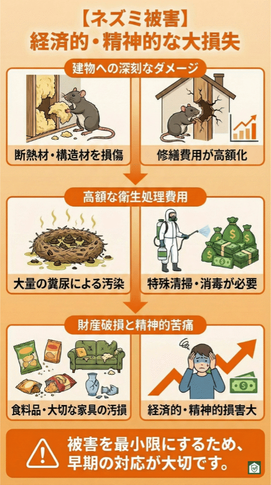 ネズミ被害による経済的・精神的損失を示すインフォグラフィック。断熱材や構造材をかじられて建物が損傷し、修繕費が高額化する様子や、大量の糞尿による汚染で特殊清掃・消毒が必要となる場面が描かれている。さらに、食料品や家具の汚損・破損と、それに伴う経済的負担や精神的苦痛が表現され、被害を最小限に抑えるため早期対応が重要であることを訴えている。