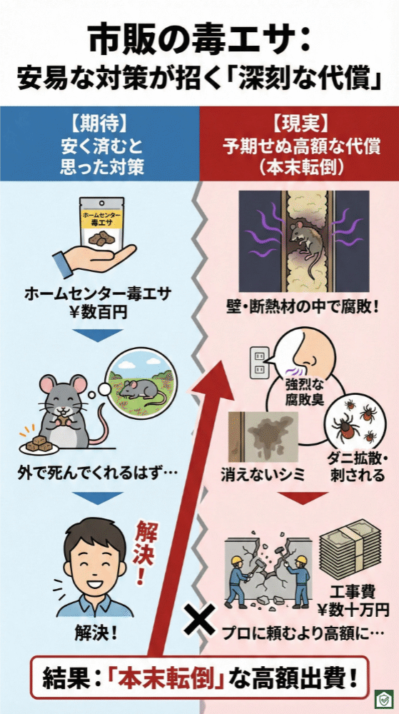 市販のネズミ毒エサの落とし穴を示すインフォグラフィック。数百円の毒エサで安く解決できると期待する一方、実際には効き目が遅いためネズミが壁内や断熱材の中で死亡し、強烈な腐敗臭や消えないシミ、ダニの拡散などの二次被害が発生する様子が描かれている。最終的に解体・復旧工事で数十万円の費用がかかる可能性が示され、安易な対策が結果的に高額な出費を招く危険性を伝えている。