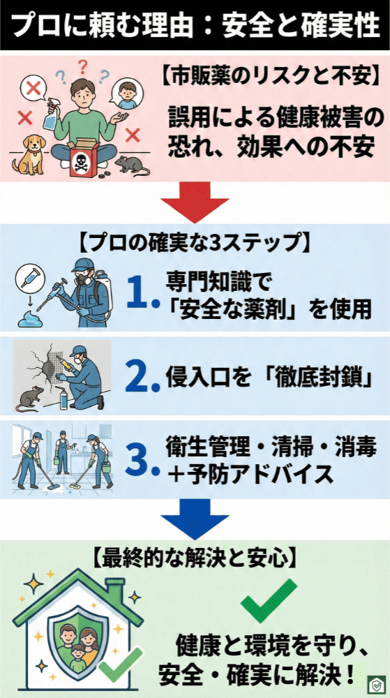 市販薬のリスクと専門業者による安全な施工手順を示すインフォグラフィック。上部では、誤った薬剤使用による健康被害や効果への不安が描かれている。中段では、プロが専門知識に基づき安全な薬剤を使用し、侵入口を徹底封鎖し、衛生管理・清掃・消毒まで行う3つの工程が示されている。下部では、健康と環境を守りながら安全かつ確実に問題を解決できることが表現されている。