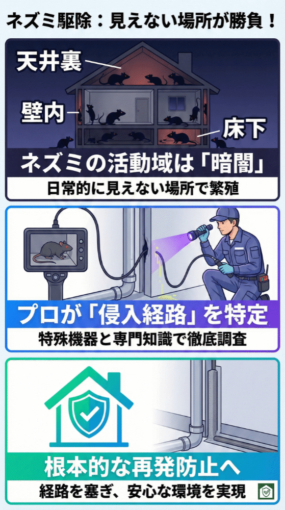 ネズミ駆除の要点を示すインフォグラフィック。天井裏・壁内・床下など暗く見えない場所がネズミの主な活動域であることが描かれ、目に見える場所だけの対策では不十分であると示している。下段では、プロの業者が特殊機器と専門知識を用いて侵入経路となるわずかな隙間を特定し、経路を塞ぐことで根本的な再発防止につなげる流れが表現されている。