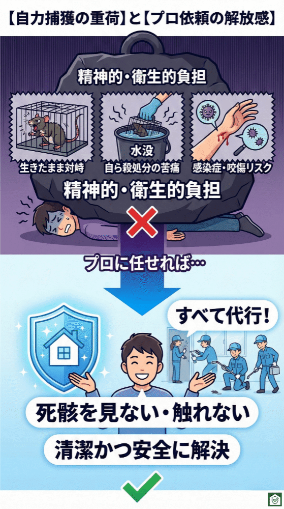 自力捕獲と専門業者依頼の負担の違いを示すインフォグラフィック。上部では、生きたネズミがかかった罠への対処や水没処分、咬傷や感染症のリスクなど、精神的・衛生的負担の大きさが描かれている。下部では、専門業者に任せれば駆除から処理まで代行され、死骸を見たり触れたりすることなく、清潔かつ安全に問題を解決できることが示されている。