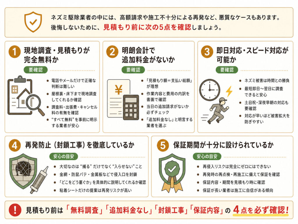 信頼できるネズミ駆除業者を選ぶための5つのチェックポイント。無料調査、追加料金なし、スピード対応、封鎖工事、保証内容を確認することを解説したインフォグラフィック